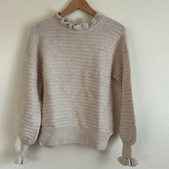 Madewell Oatmeal Ruffle Neck Sweater - Cotton/Merino wool size sz small - Picture 3 of 10